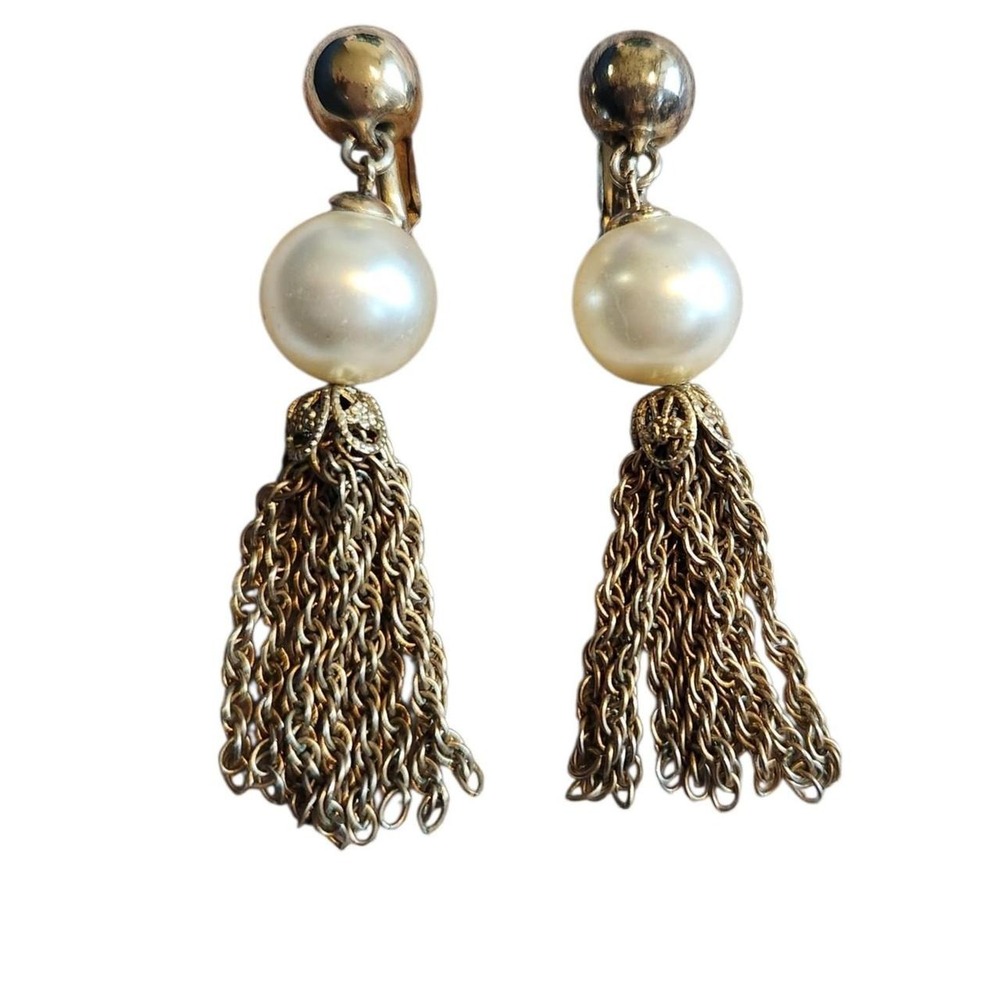 Napier Vintage Gold Tassel Faux Pearl Statement Clip On Earrings Signed